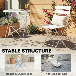 Ensemble bistro jardin 3 pièces pliable Table bistrot avec 2 chaises Assise à lattes Pieds en X doubles Résistant à la rouille Mobilier bistro pour balcon terrasse Jardin Blanc crème
