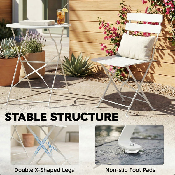 Ensemble bistro jardin 3 pièces pliable Table bistrot avec 2 chaises Assise à lattes Pieds en X doubles Résistant à la rouille Mobilier bistro pour balcon terrasse Jardin Blanc crème