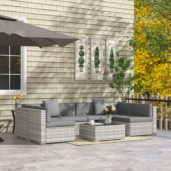 Ensemble salon de jardin 7 pièces modulables table basse plateau verre trempé coussins déhoussables inclus résine tressée imitation rotin gris