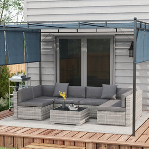 Ensemble salon de jardin 7 pièces modulables table basse plateau verre trempé coussins déhoussables inclus résine tressée imitation rotin gris