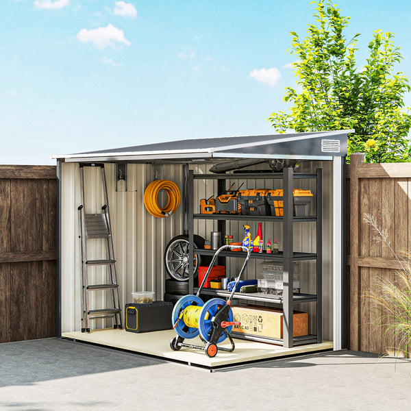 Abri de jardin en métal 2,81 m² avec fondation, abri à outils extérieur adossé en acier galvanisé, toit en pente, cabane de jardin avec 2 étagères ajustables, 154x206,5x181cm, gris