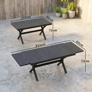 Table de Jardin Extensible Aluminium Effet Bois - 154-214 cm Table de Repas Extérieure pour 8-10 Personnes - Structure X Robuste et Pieds Réglables pour Terrasse et Jardin, Gris Anthracite