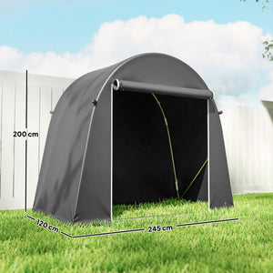 Abri de jardin tente de stockage étanche abri moto porte enroulable fermeture éclair, garage pour vélo et outils rangement et stockage pour vélo moto bois outils, 245x120x200cm gris foncé