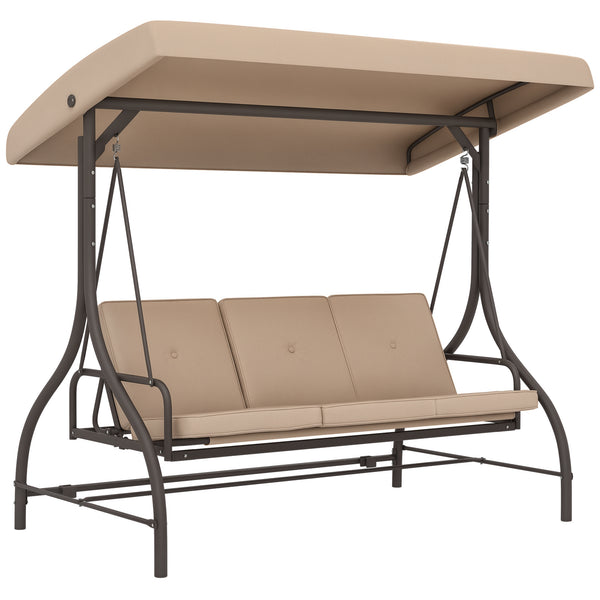 Balancelle de jardin convertible 3 places grand confort avec coussins toit réglable dim. 197L x 120l x 180H cm métal polyester kaki