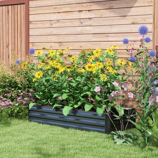 Jardinière rectangulaire potager de jardin bac à fleurs en acier avec bordure de sécurité et fond ouvert dim. 150L x 70l x 30H cm noir