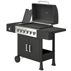 Barbecue à gaz 6+1 brûleurs, chariot portable avec roues, grille de maintien au chaud, thermomètre intégré, étagères latérales, placard, couvercle, noir