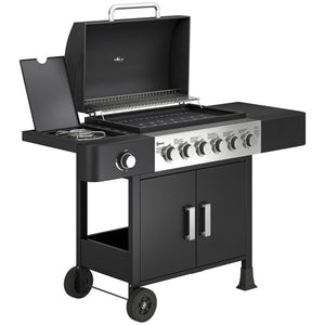 Barbecue à gaz 6+1 brûleurs, chariot portable avec roues, grille de maintien au chaud, thermomètre intégré, étagères latérales, placard, couvercle, noir