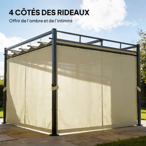 Pergola de Jardin 3x3m avec Toit Rétractable - Tonnelle de Jardin Extérieur Acier Renforcé avec 4 Rideaux - Pavillon Colonnes 60mm et Protection UV30+ pour Terrasse et Cour, Beige