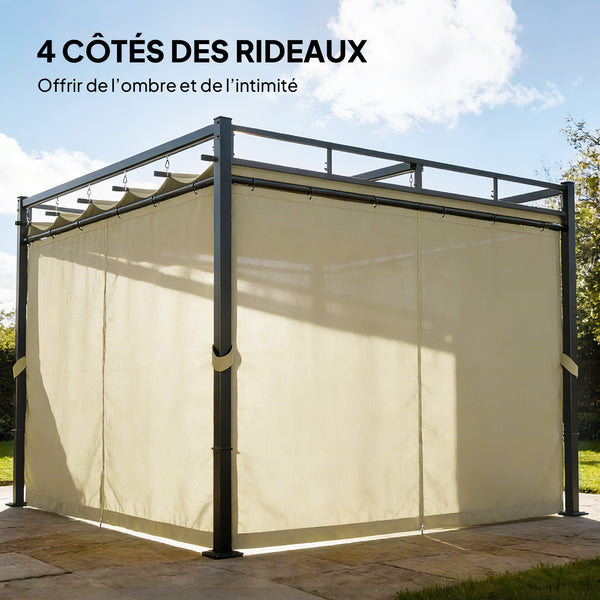 Pergola de Jardin 3x3m avec Toit Rétractable - Tonnelle de Jardin Extérieur Acier Renforcé avec 4 Rideaux - Pavillon Colonnes 60mm et Protection UV30+ pour Terrasse et Cour, Beige