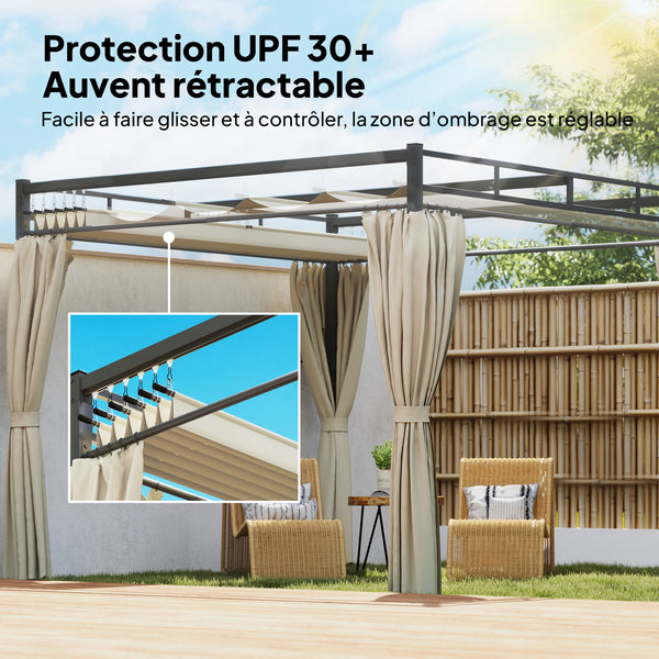 Pergola de Jardin 3x3m avec Toit Rétractable - Tonnelle de Jardin Extérieur Acier Renforcé avec 4 Rideaux - Pavillon Colonnes 60mm et Protection UV30+ pour Terrasse et Cour, Beige