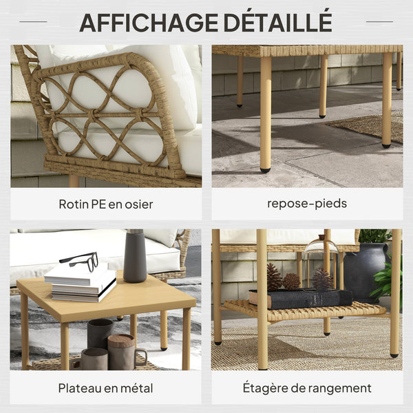 Salon de jardin exterieur 4 personnes 3 pièces avec 1 table basse coussins grand confort inclus résine tressée crème