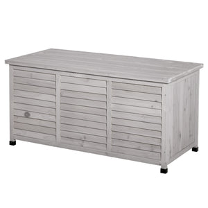 Coffre de rangement extérieur, malle de rangement en bois, 283L, avec petites ouvertures en bas, 2 chaînes, 127 x 56 x 60 cm, gris