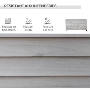 Coffre de rangement extérieur, malle de rangement en bois, 283L, avec petites ouvertures en bas, 2 chaînes, 127 x 56 x 60 cm, gris