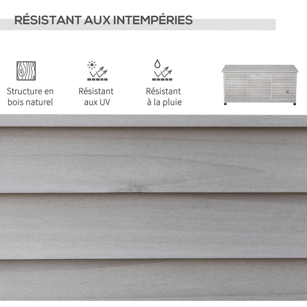 Coffre de rangement extérieur, malle de rangement en bois, 283L, avec petites ouvertures en bas, 2 chaînes, 127 x 56 x 60 cm, gris