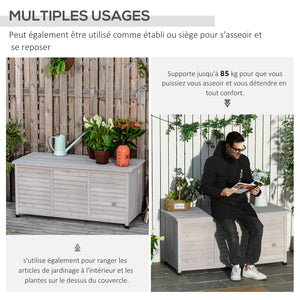 Coffre de rangement extérieur, malle de rangement en bois, 283L, avec petites ouvertures en bas, 2 chaînes, 127 x 56 x 60 cm, gris