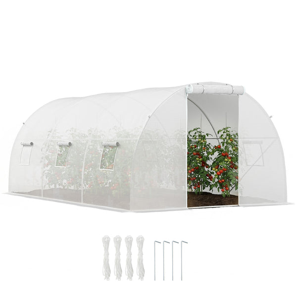 Serre de Jardin Tunnel 13,5 m² 4,5L x 3l x 2H m - 6 fenêtres, Porte zippée Enroulable - châssis Tubulaire Acier galvanisé, bâche PE Haute densité Blanc