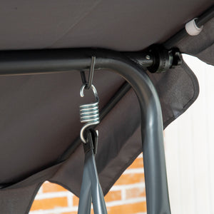 Balancelle de jardin 3 places toit inclinaison réglable avec porte-gobelets plateaux coussin assise dossier ergonomique en résine tressée PE cadre en acier et polyester gris foncé et marron