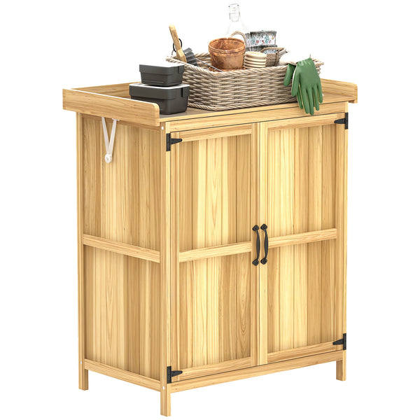 Armoire de Jardin en Bois, Abri de Jardin Résistant aux Intempéries 74x43x88cm, Cabane de Jardin avec Toit Rabattable Etagères, Plan de Travail, Armoire à Outils, Maison de Jardin Établi Rangement Outils de Jardin, Bois Naturel