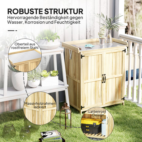 Armoire de Jardin en Bois, Abri de Jardin Résistant aux Intempéries 74x43x88cm, Cabane de Jardin avec Toit Rabattable Etagères, Plan de Travail, Armoire à Outils, Maison de Jardin Établi Rangement Outils de Jardin, Bois Naturel