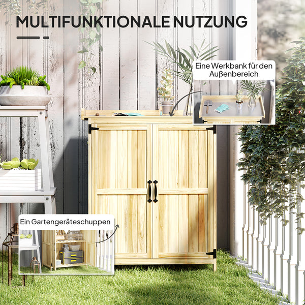 Armoire de Jardin en Bois, Abri de Jardin Résistant aux Intempéries 74x43x88cm, Cabane de Jardin avec Toit Rabattable Etagères, Plan de Travail, Armoire à Outils, Maison de Jardin Établi Rangement Outils de Jardin, Bois Naturel