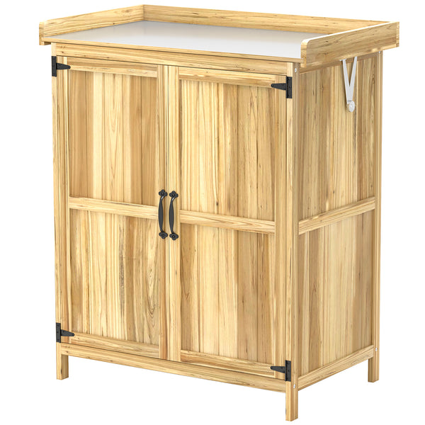 Armoire de Jardin en Bois, Abri de Jardin Résistant aux Intempéries 74x43x88cm, Cabane de Jardin avec Toit Rabattable Etagères, Plan de Travail, Armoire à Outils, Maison de Jardin Établi Rangement Outils de Jardin, Bois Naturel