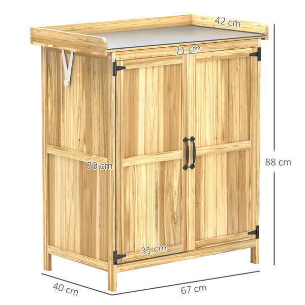 Armoire de Jardin en Bois, Abri de Jardin Résistant aux Intempéries 74x43x88cm, Cabane de Jardin avec Toit Rabattable Etagères, Plan de Travail, Armoire à Outils, Maison de Jardin Établi Rangement Outils de Jardin, Bois Naturel