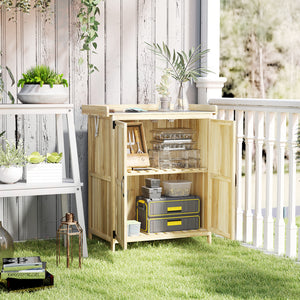 Armoire de Jardin en Bois, Abri de Jardin Résistant aux Intempéries 74x43x88cm, Cabane de Jardin avec Toit Rabattable Etagères, Plan de Travail, Armoire à Outils, Maison de Jardin Établi Rangement Outils de Jardin, Bois Naturel