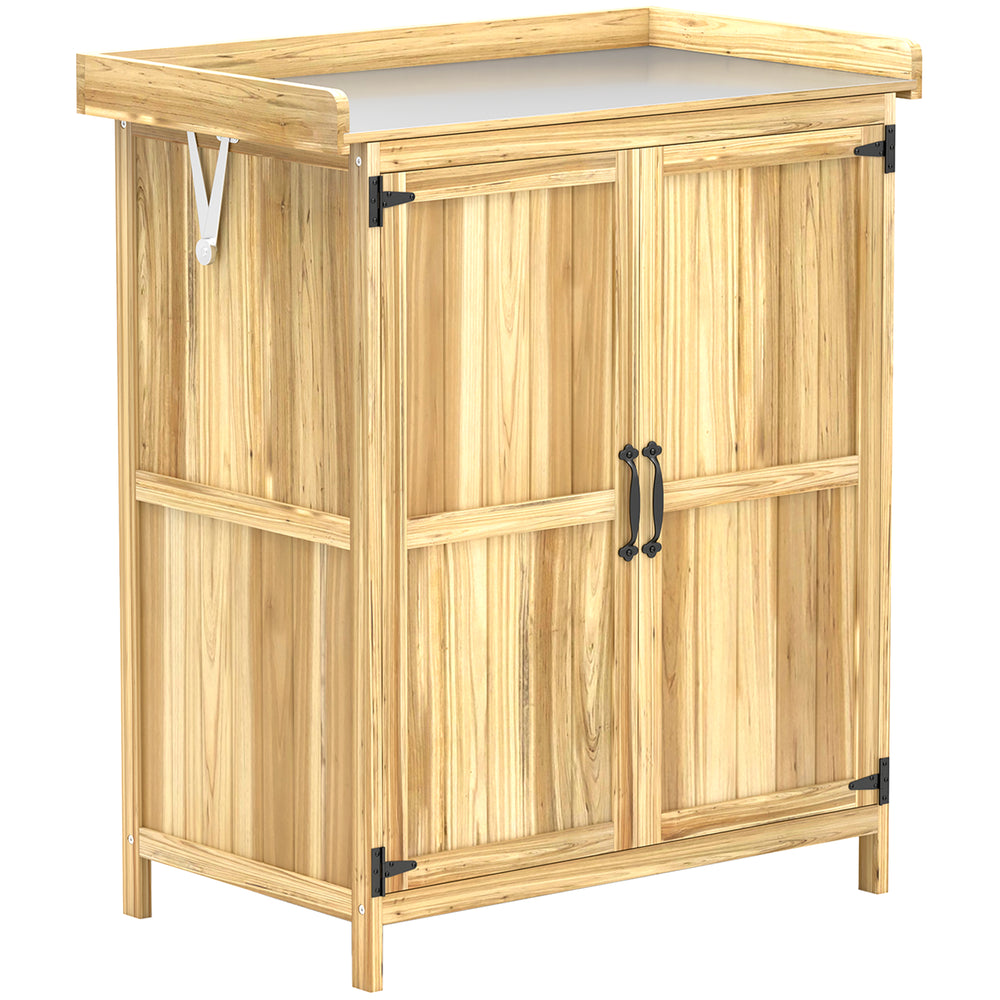 Armoire de Jardin en Bois, Abri de Jardin Résistant aux Intempéries 74x43x88cm, Cabane de Jardin avec Toit Rabattable Etagères, Plan de Travail, Armoire à Outils, Maison de Jardin Établi Rangement Outils de Jardin, Bois Naturel