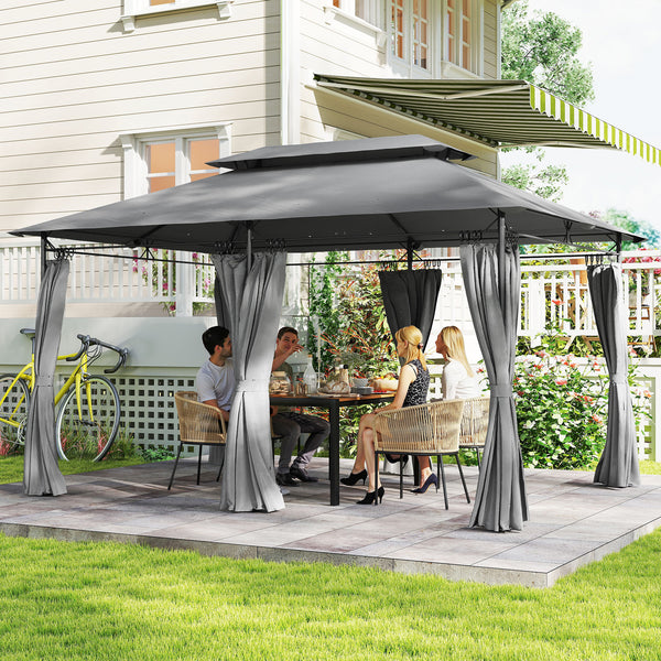 Gazebo de jardin 3x4 m avec rideaux amovibles, toit double et 12 trous de drainage, gazebo d'extérieur en métal et polyester, pour jardin, balcon, fêtes, camping, gris foncé