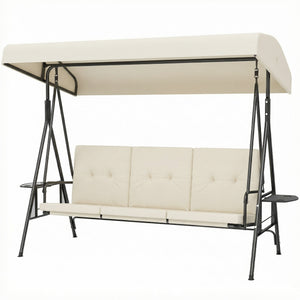 Balancelle de jardin 3 places grand confort inclinaison toit réglable, 2 tablettes latérales, coussins, acier polyester crème