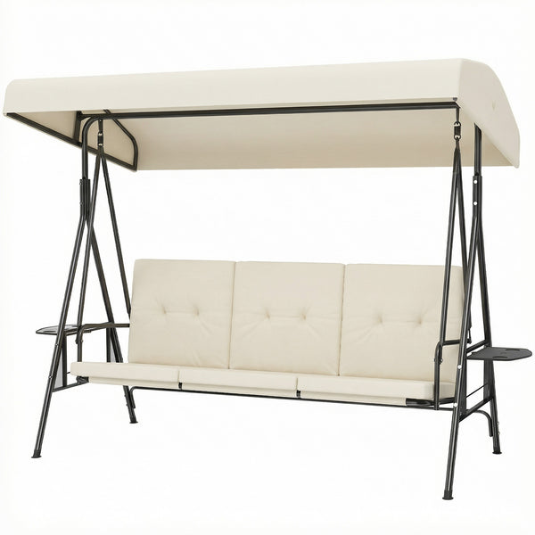 Balancelle de jardin 3 places grand confort inclinaison toit réglable, 2 tablettes latérales, coussins, acier polyester crème