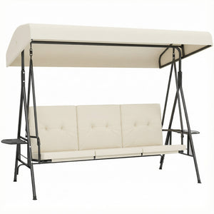 Balancelle de jardin 3 places grand confort inclinaison toit réglable, 2 tablettes latérales, coussins, acier polyester crème