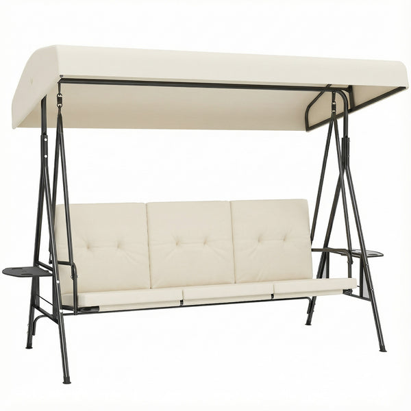 Balancelle de jardin 3 places grand confort inclinaison toit réglable, 2 tablettes latérales, coussins, acier polyester crème