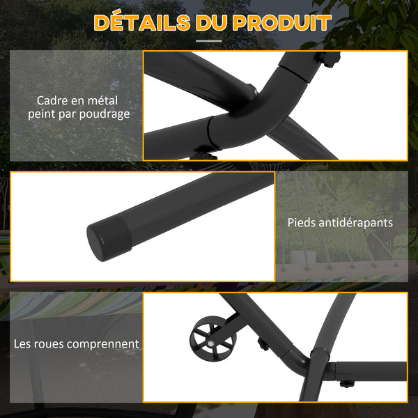 Support Pied de hamac Structure Robuste métal époxy Hauteur réglable 6 Niveaux Noir dim. 290L x 120l x 115H cm