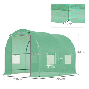 Serre de Jardin Tunnel 5 m² 2,5L x 2l x 2H m Acier renforcé Ø 1,8 cm + PE Haute densité 140 g/m² fenêtres Porte déroulante Vert