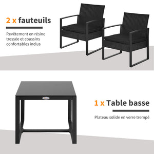 Salon de jardin 2 places 3 pièces 2 chaises avec coussins + table basse plateau verre trempé résine tressée 4 fils imitation rotin noir
