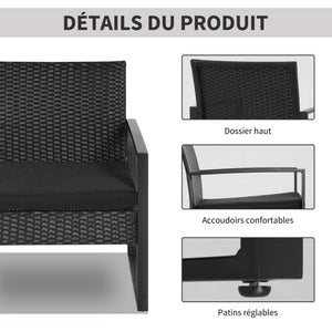 Salon de jardin 2 places 3 pièces 2 chaises avec coussins + table basse plateau verre trempé résine tressée 4 fils imitation rotin noir
