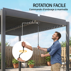 Pergola bioclimatique 4x3m, pergola aluminium, lames orientables, manivelle, système de drainage, tonnelle de jardin abri terrasse, résistante vent, protection soleil, imperméable, gris foncé