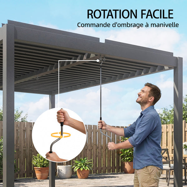 Pergola bioclimatique 4x3m, pergola aluminium, lames orientables, manivelle, système de drainage, tonnelle de jardin abri terrasse, résistante vent, protection soleil, imperméable, gris foncé