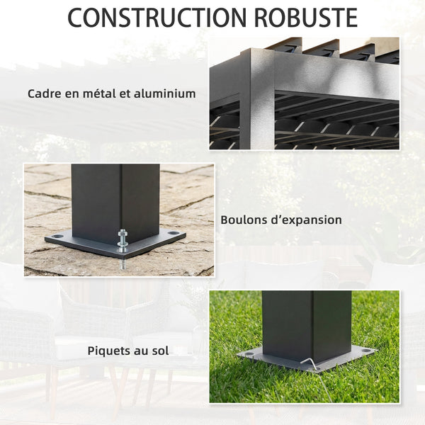 Pergola bioclimatique 4x3m, pergola aluminium, lames orientables, manivelle, système de drainage, tonnelle de jardin abri terrasse, résistante vent, protection soleil, imperméable, gris foncé