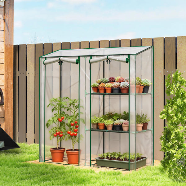 Serre de Jardin avec étagères 3 niveaux, Petite Serre de Balcon en Bâche PVC et Châssis Acier, 2 Portes Enroulables, pour Légumes Plantes Fleurs, 143 x 45 x 151 cm, Transparent