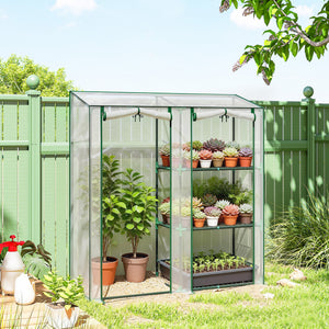 Serre de Jardin avec étagères 3 niveaux, Petite Serre de Balcon en Bâche PVC et Châssis Acier, 2 Portes Enroulables, pour Légumes Plantes Fleurs, 143 x 45 x 151 cm, Transparent