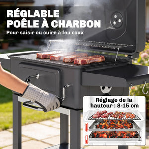 Barbecue Charbon de Bois XXL 112cm avec Couvercle - Chariot Grill de Jardin avec Bac à Charbon et Évents Réglables - Fumoir à 600°C avec Thermomètre et Porte de Ravitaillement, Noir
