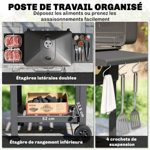 Barbecue Charbon de Bois XXL 112cm avec Couvercle - Chariot Grill de Jardin avec Bac à Charbon et Évents Réglables - Fumoir à 600°C avec Thermomètre et Porte de Ravitaillement, Noir