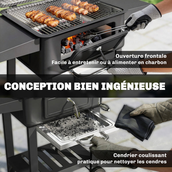 Barbecue Charbon de Bois XXL 112cm avec Couvercle - Chariot Grill de Jardin avec Bac à Charbon et Évents Réglables - Fumoir à 600°C avec Thermomètre et Porte de Ravitaillement, Noir