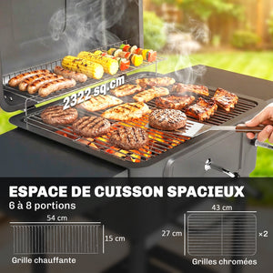 Barbecue Charbon de Bois XXL 112cm avec Couvercle - Chariot Grill de Jardin avec Bac à Charbon et Évents Réglables - Fumoir à 600°C avec Thermomètre et Porte de Ravitaillement, Noir