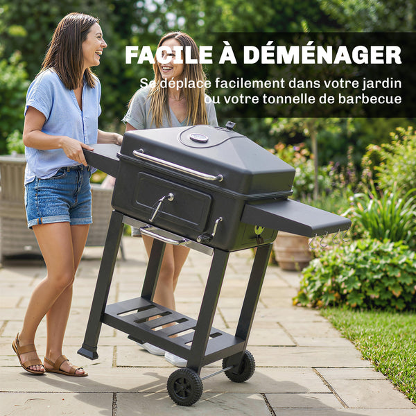 Barbecue Charbon de Bois XXL 112cm avec Couvercle - Chariot Grill de Jardin avec Bac à Charbon et Évents Réglables - Fumoir à 600°C avec Thermomètre et Porte de Ravitaillement, Noir