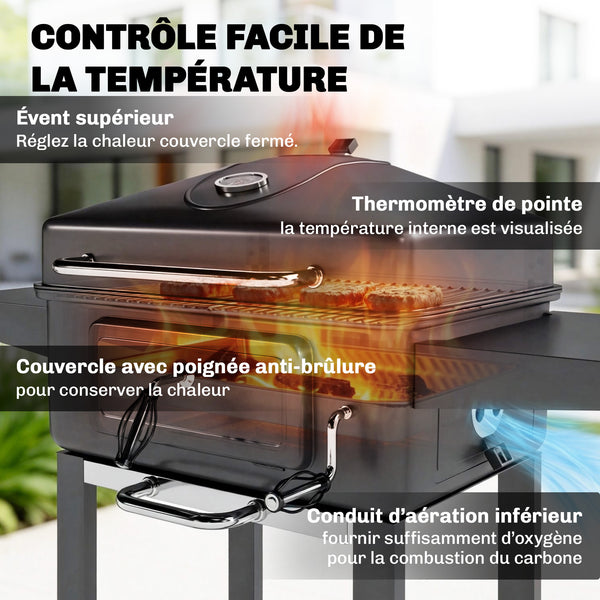 Barbecue Charbon de Bois XXL 112cm avec Couvercle - Chariot Grill de Jardin avec Bac à Charbon et Évents Réglables - Fumoir à 600°C avec Thermomètre et Porte de Ravitaillement, Noir