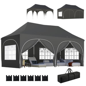 Tonnelle pliante 3x6m imperméable anti-UV, barnum avec 6 parois & 6 sacs de sable - tente de réception 12 trous de drainage - pavillon pop-up, 4 fenêtres église pour mariage, marché - gris