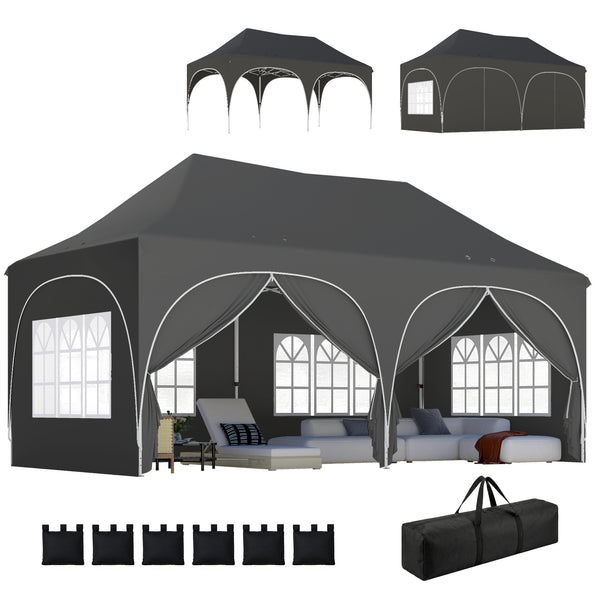 Tonnelle pliante 3x6m imperméable anti-UV, barnum avec 6 parois & 6 sacs de sable - tente de réception 12 trous de drainage - pavillon pop-up, 4 fenêtres église pour mariage, marché - gris